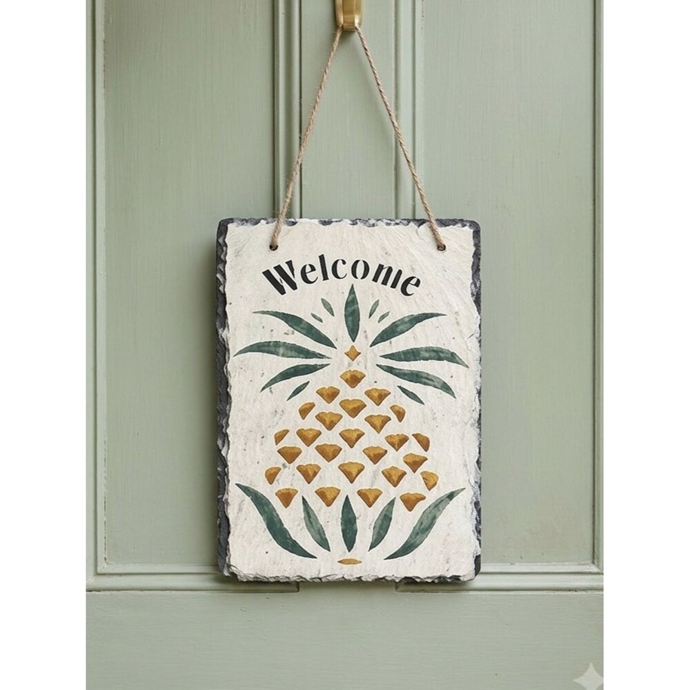 Vintage Pineapple Welcome Sign Painted Slate Twine Cottagecore Decor Folk Art
